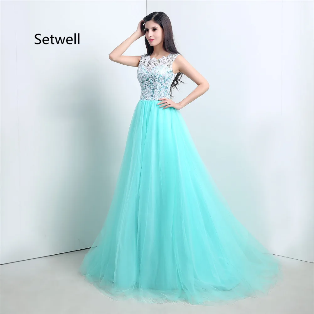 

Setwell Cheap Illusion Lace Prom Dresses 2017 Floor Length A-Line Prom Dress Custom Made High Quality Evening Gown