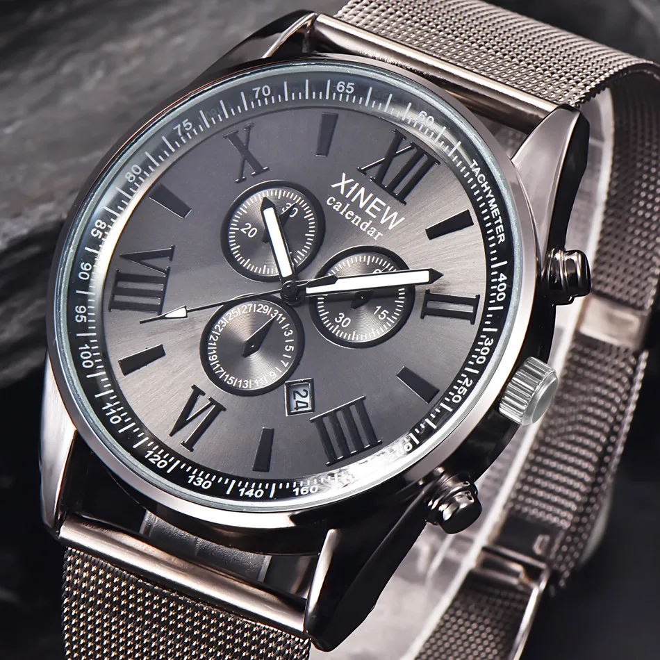 

Men's Wrist Watch Multifunction Day Date Analog Quartz Stainless Steel Mesh Wristwatch Mens Montre Homme 2019 zegarek meski