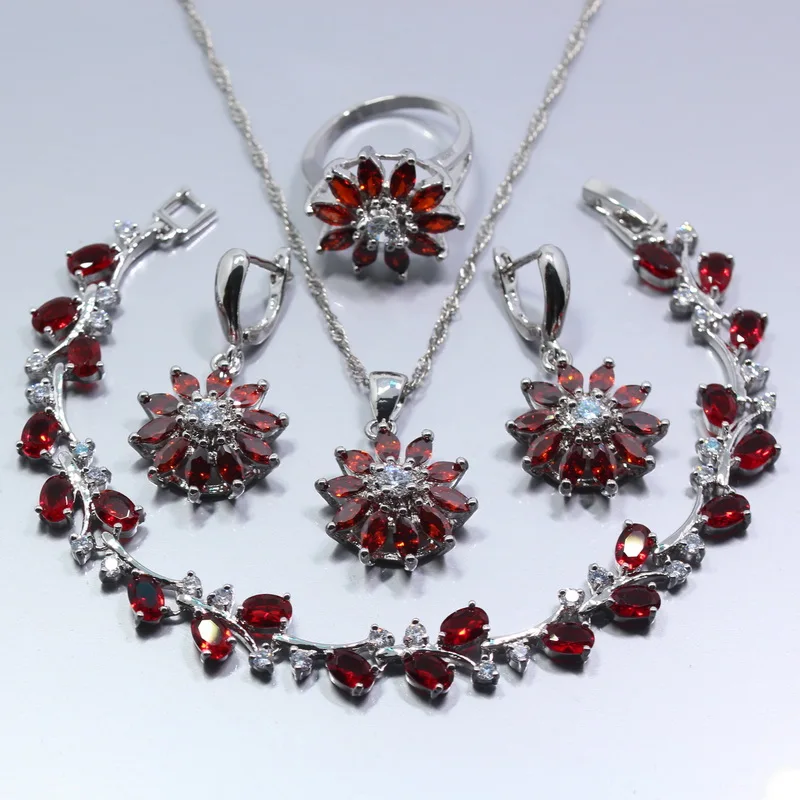 

Valuable 925 Silver Women Four Piece Jewelry Set Red Rhodolite Ring Size 6/7/8/9/10 Bracelet 19CM Free Gift Z100