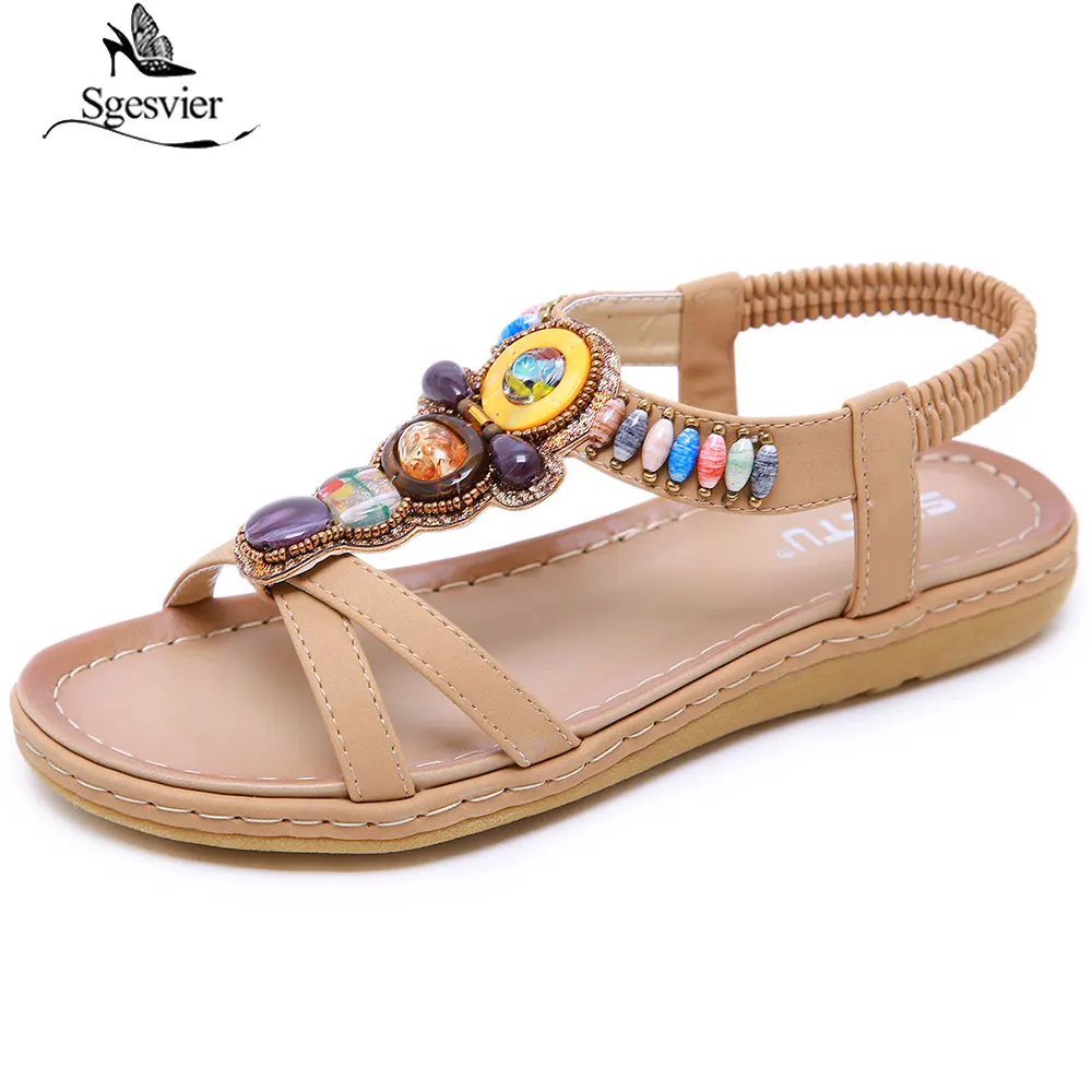 

Sgesvier New High Quality women Bohemia Flat sandals shoes woman String Bead Rhinestone summer Beach Sandals Casual Shoes B998