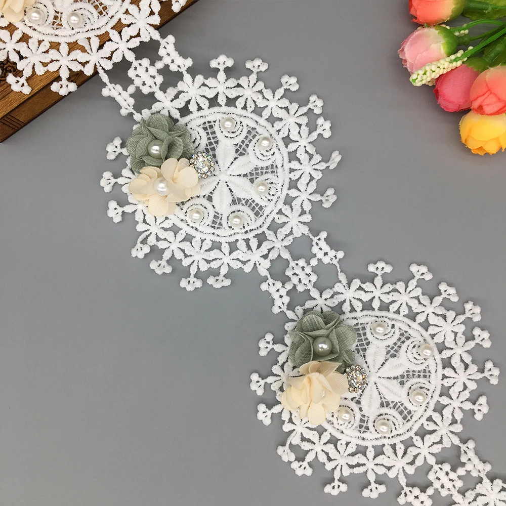 

1 yard Cotton 3D Rose Flower Pearl Diamond Embroidered Lace Trim Ribbon Fabric Sewing Craft For Costume Wedding Dress Decor 10cm