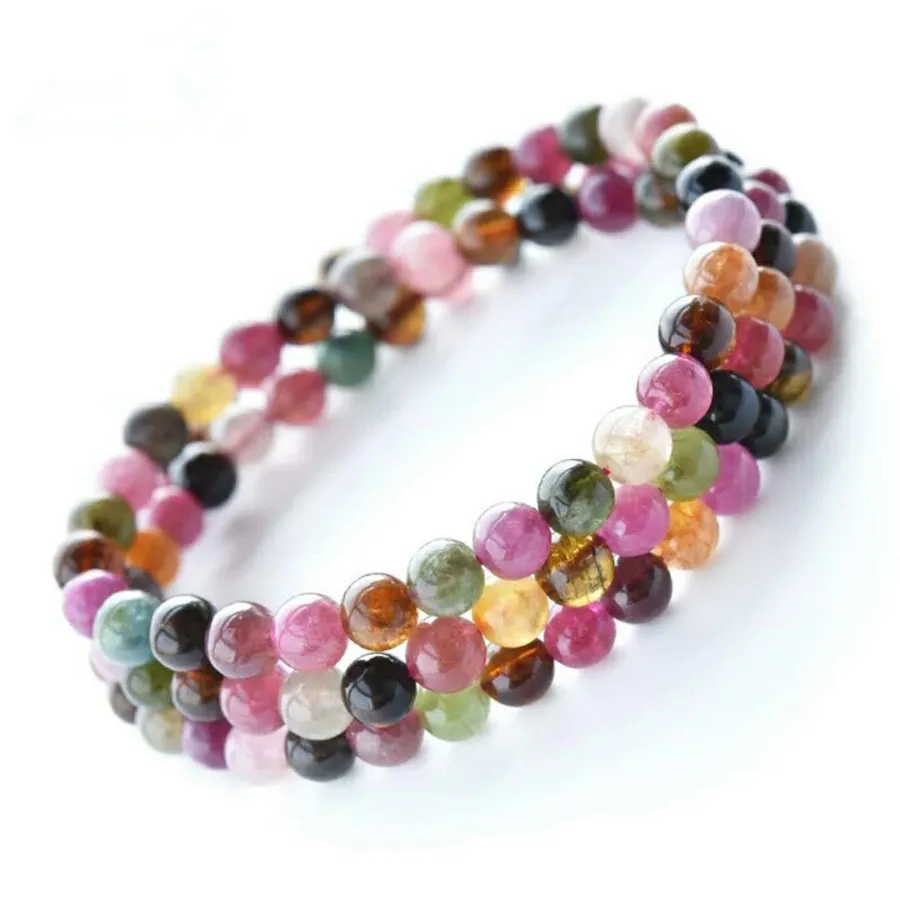 

2018 Newly Colors Tourmaline Quartz Bracelets Three Circles Round Bead Crystal Stone Beads Bracelet Fashion Women Crystal 6mm