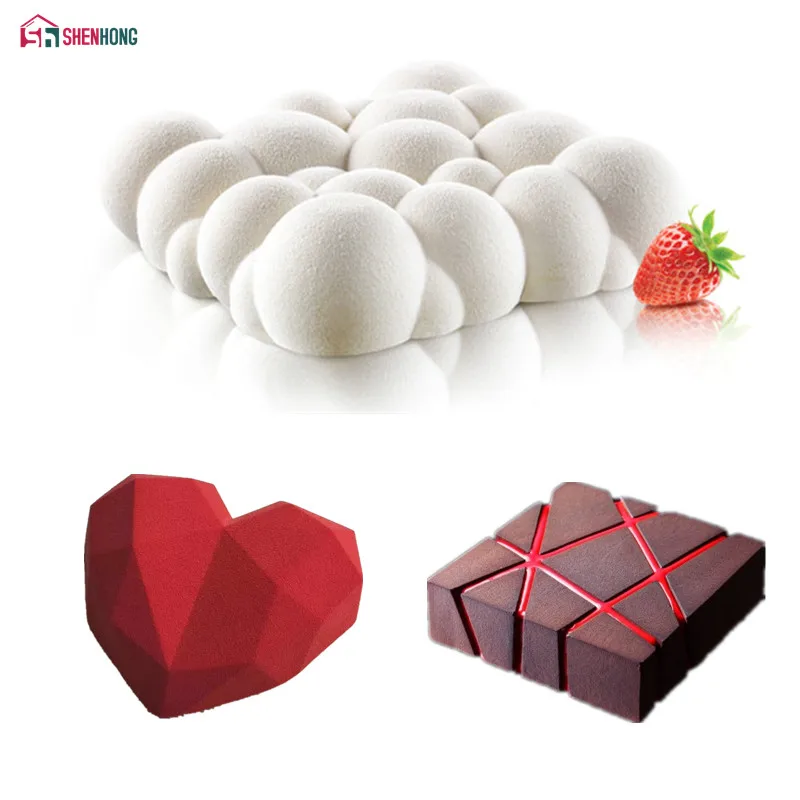 SHENHONG 3PCS Art Cake Mould Pan 3D Grid Block Clouds Diamond Heart Silicone Mold Mousse Silikonowe