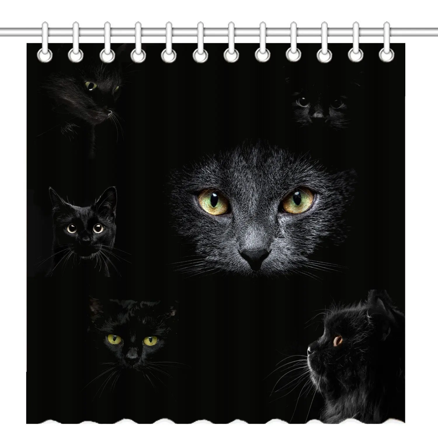 Shower Curtain,Cute Black Cats with Bright Eyes Dark Animal Art