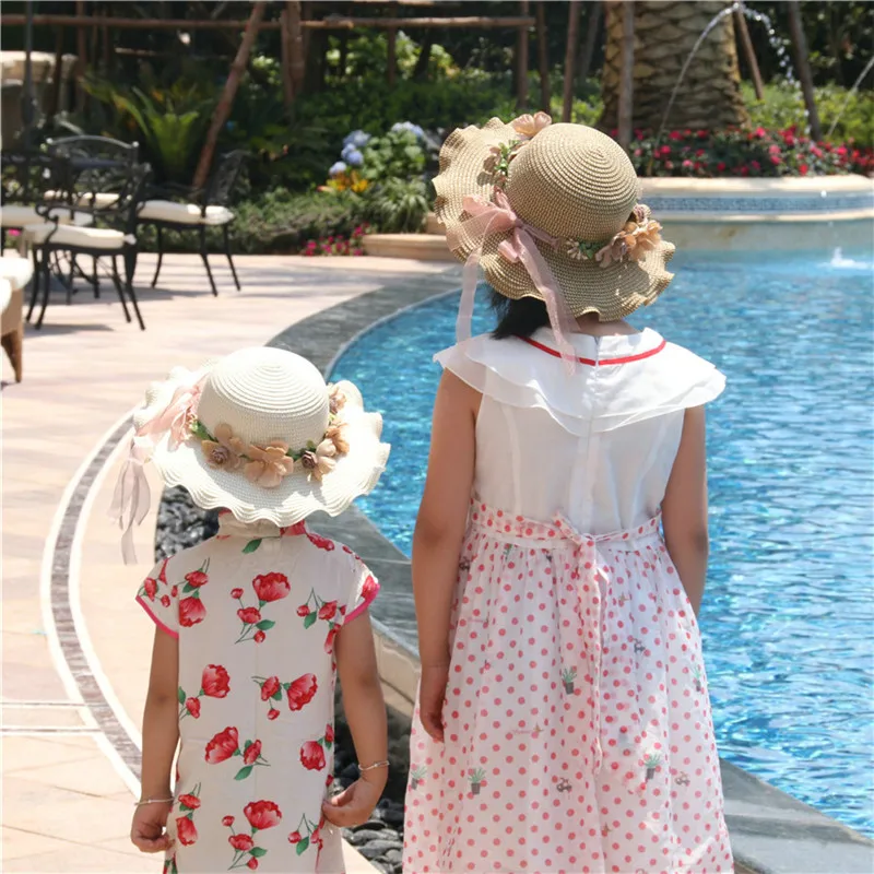 Летние женские соломенные шляпы для девочек, для мамы и дочки, пляжные кепки с цветочным рисунком для девочек, одинаковые комплекты для семьи, летние шляпы от солнца H0808