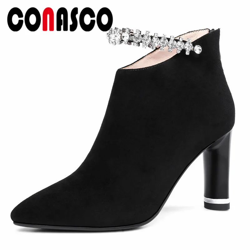 

CONASCO New Women Suede Leather High Heels Ankle Boots Sexy Rhinestone Wedding Party Shoes Woman Round Toe Retro Quality Boots