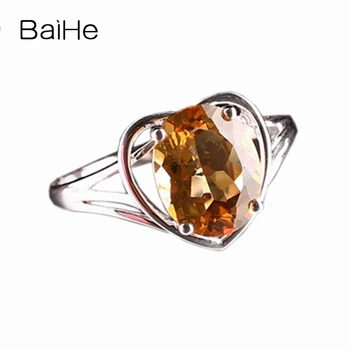 

BAIHE About 7x9mm Oval Natural Citrine Romantic Heart Halo Women Engagement Wedding Ring Solid 10k White Gold Gift Citrine Ring