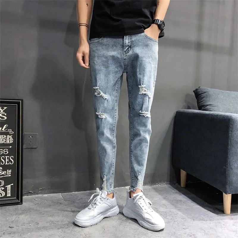 

Men's sturdy ripped zip-up jeans ripped slim form-fitting pencil jeans