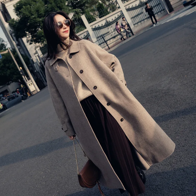 

England Style Sashes Women Long Cashmer Coat Loose Solid Women's Woolen Jacket Single Breasted Turn-down Collar Coat and Jacket
