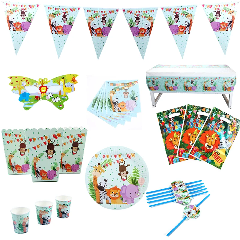 

87Pcs\Lot Jungle Animal Disposable Party Tableware Cartoon Theme Birthday Party Decorations kids Things That Children like