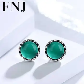 

FNJ 925 Silver Earring Natural Green Stone 100% S925 Sterling Silver boucle d'oreille Chalcedony Stud Earrings for Women Jewelry