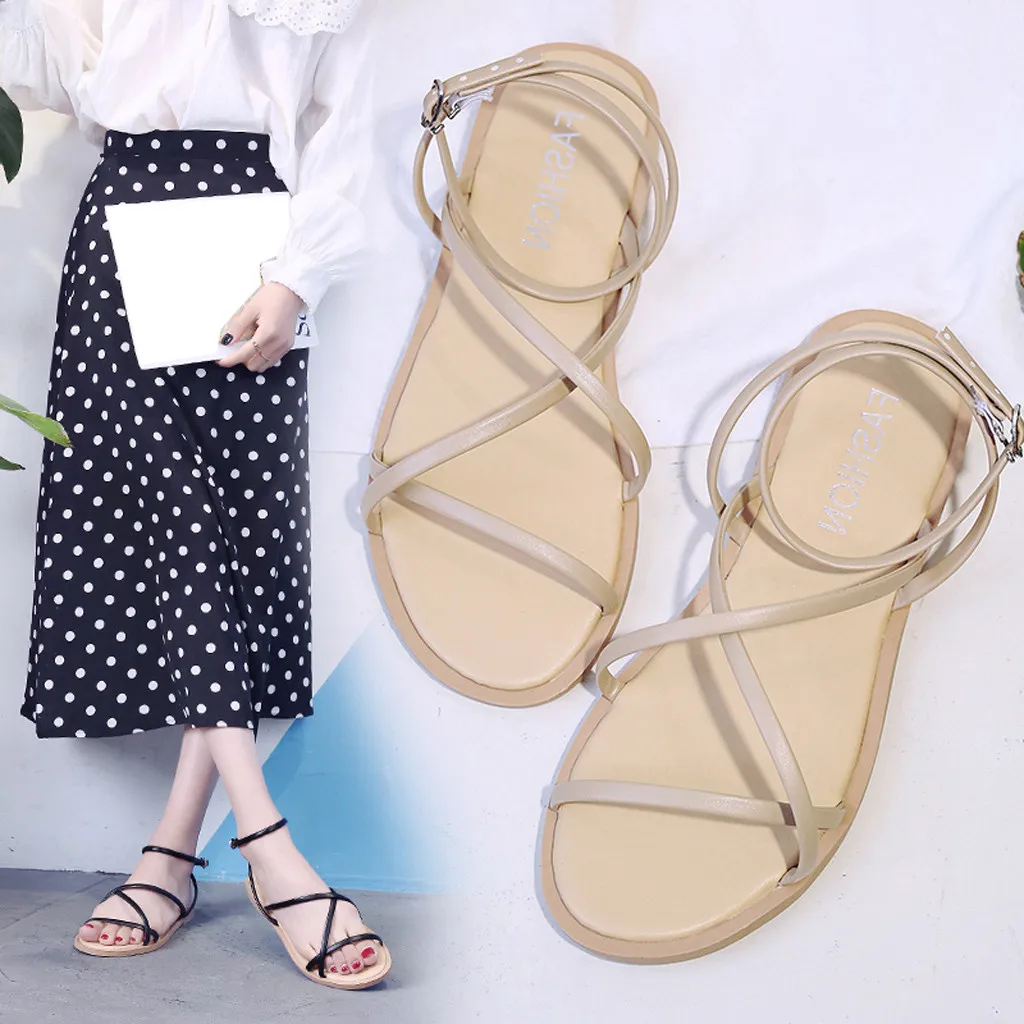 

New Arrival sandalias mujer Women's Flat With Cross Straps Open Toe Sandals Fashion Hollow Elastic Slippers zapatos de mujer @12