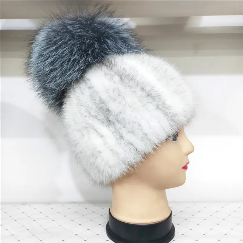

Winter New Styie Hat For Women Natural Mink Fur Cap With High Quality Fox Fur On The Top Ladies' Skullies Hat Gourd Shape Cap