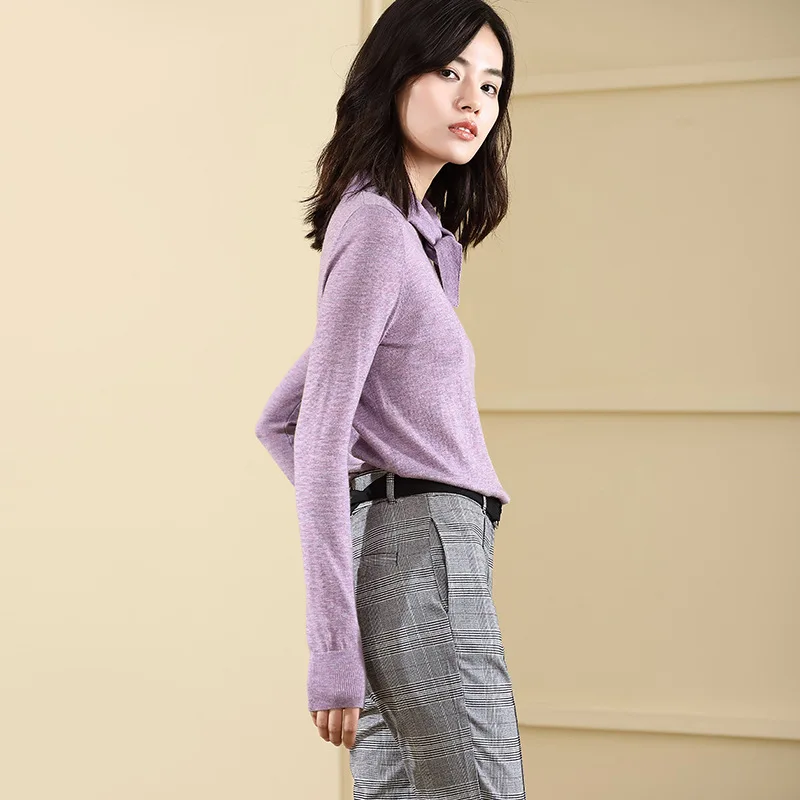 Women's pullover sweater 2018 autumn and winterl Bow solid color rendering unlined upper sweater for women 18079