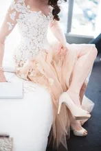 CYF23 Scoop Sheer Long Sleeve Abendkleider 2016 Neue Eine Linie Robe De Soiree Weißer Spitze Champagner Tüll Abendkleid Vestido Longo