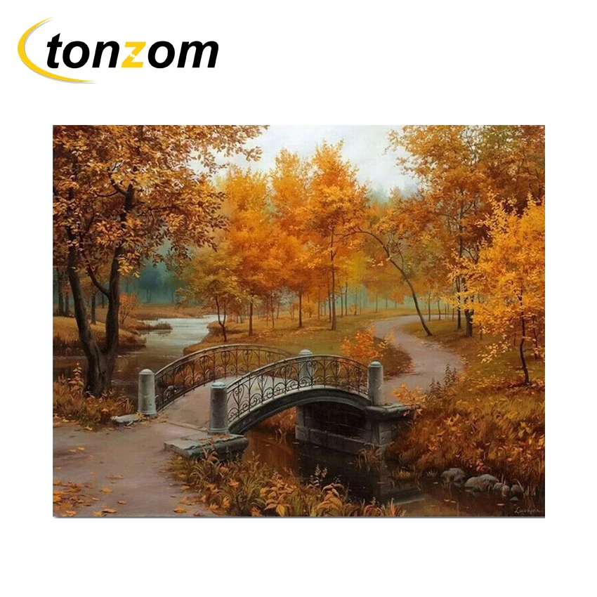 RIHE Autumn Park Diy Painting By Numbers Bridge Oil Cuadros Decoracion Acrylic Paint On Canvas Modern Wall Art Gift | Дом и сад