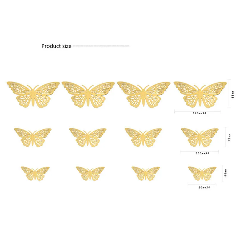 12 шт./компл. 3D полые настенное украшение в виде бабочки Стикеры путем самостоятельного выбора между 3 размеров цвет серебристый, золотой для вечерние Свадебные украшения наклейки в форме бабочек Декор