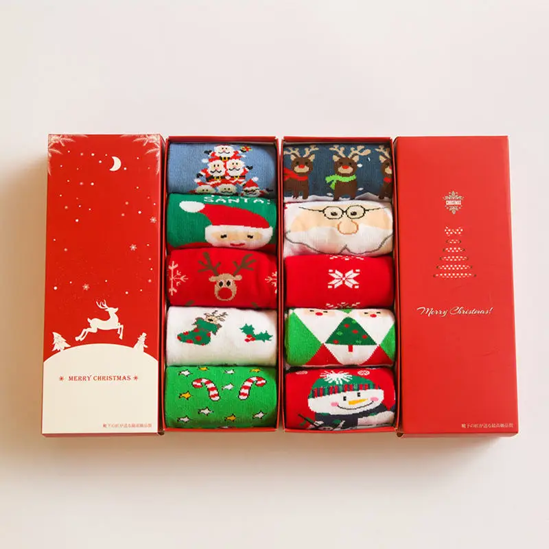 12019 New Christmas Socks Men Women Thicken Cotton Socks Autumn Winter Tube Socks Elk Snowman Print Socks Gifts 5Pcs