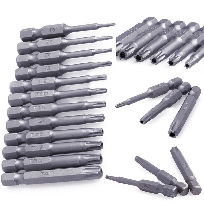 12pcs/Set 50mm 1/4 inch Hex Torx Head Screw Driver Bits Magnetic Set T5-T40