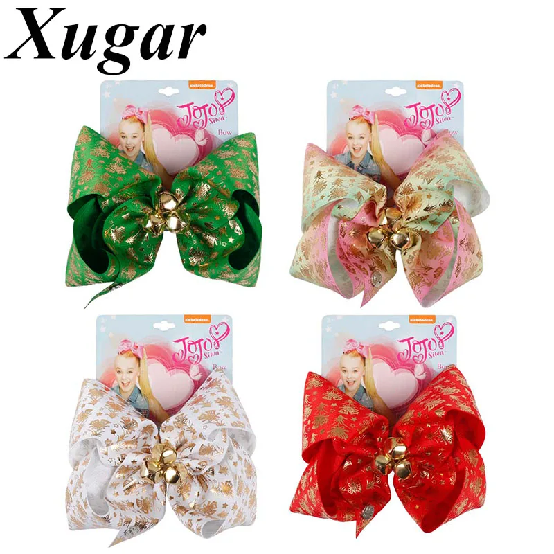 

7 Inch Christmas Hair Bows Santa Twinkle Bells Dog Bows Printed Pompom jojo Bows Girls Happy New Year Party Hair Accessories