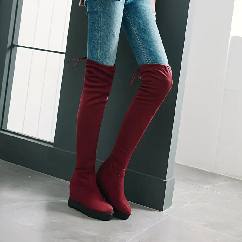 

2019 round toe increase heels slip-on wedges over the knee high elastic fabric boots size 34-43