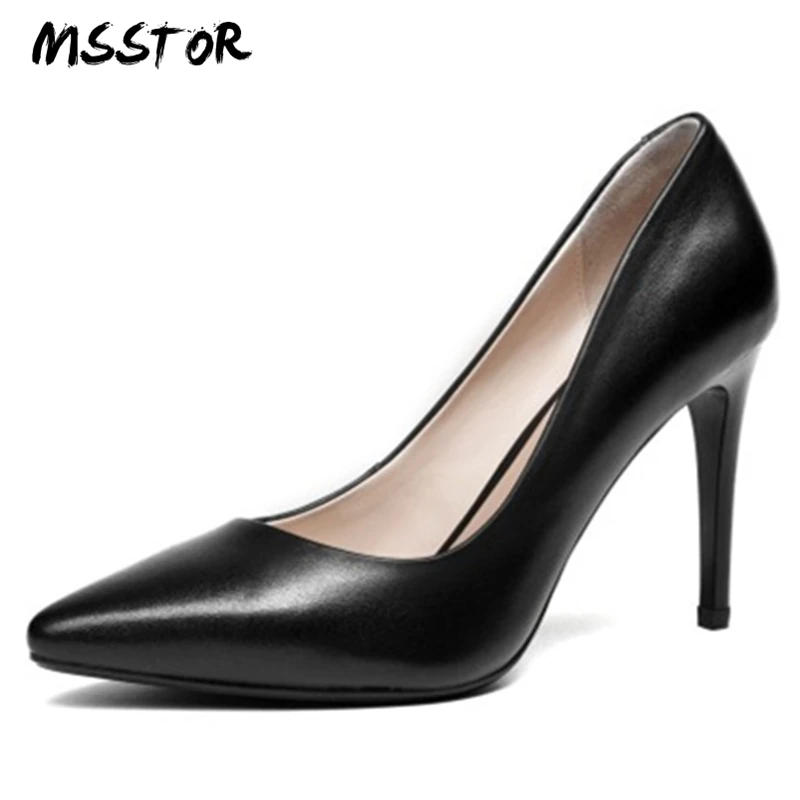 MSStor Pointed Toe High Heels Concise Fashion Office Genuine Leather Black Pumps Shoes Women Thin Heels Woman Shoes 2018 Spring