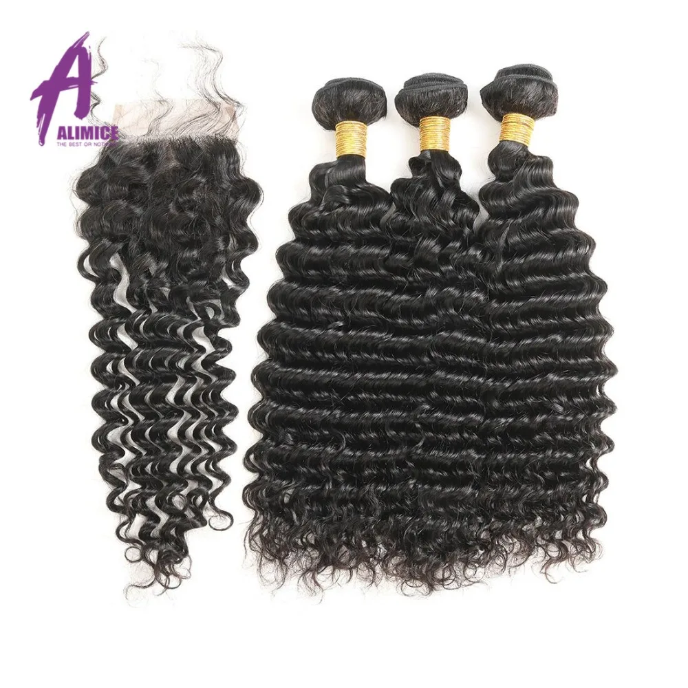 Alimice Hair Deep Wave Human Hair 3 Bundles With Closure Brazilian Hair Weave Bundles With Closure Non Remy Hair Extensions (33)