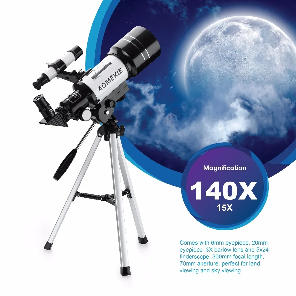 AOMEKIE Telescope 70mm Lens with Compact Tripod Finderscope for Beginner Scenery Moon Watching HD 15-140X Monocular Kids Gift