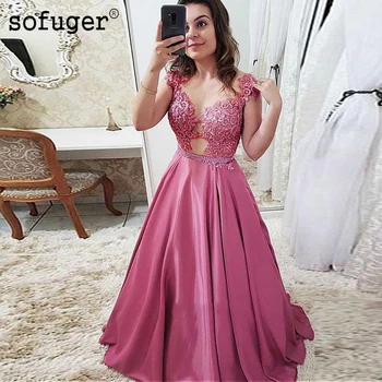 

Satin V Neck Cap Sleeves Tulle Evening Dress Beadings Sashes Prom Vestidos De Fiesta Formal Party Dress Arabic Muslim