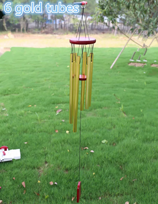 

Antique 6 Hollow Gold Alloy Metal Tubes Solid Wood Wind Chime Door Yard Hanging Home Decoration Wind Bells Holiday Gifts Sound
