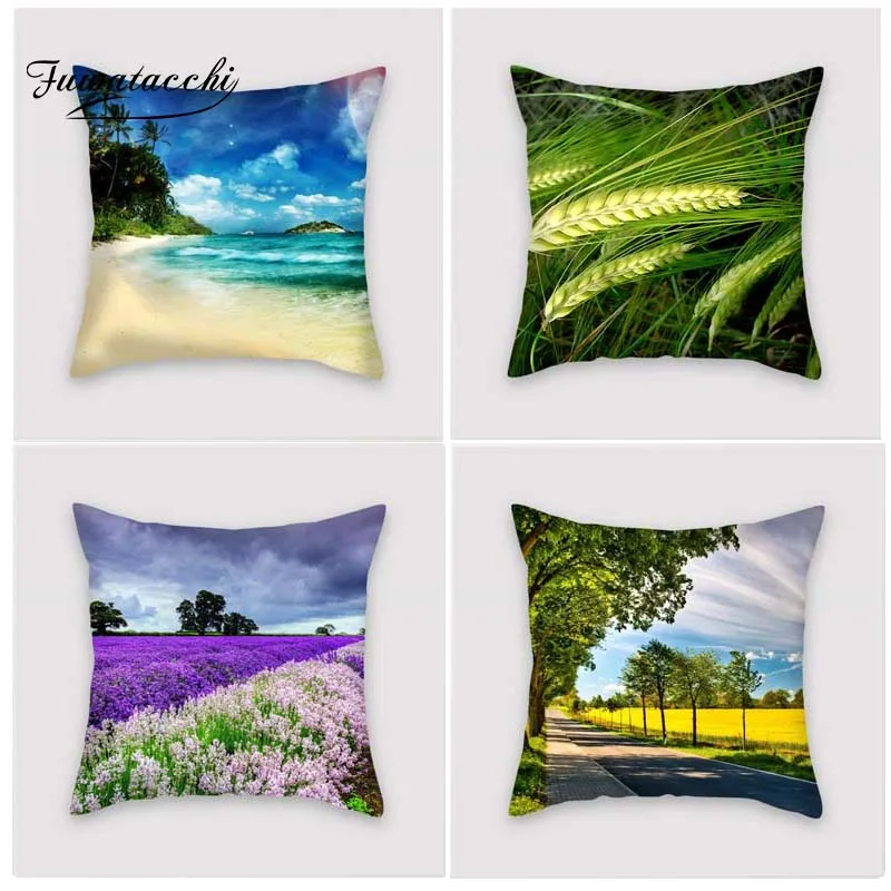 

Fuwatacchi Scenic Style Cushion Cover Lavender Moutain Tree Printed Pillow Cover Ocean Side Decorative Pillows For Sofa Car