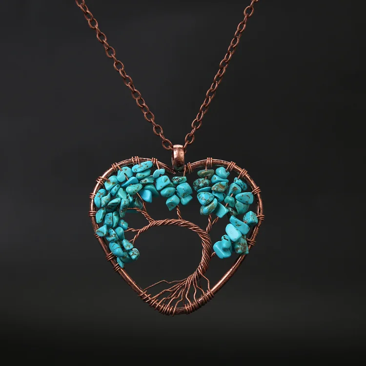Натуральный камень 7 Рэйки, лечение чакры Древо жизни кулон ожерелье сердце подвеска амулет Исцеление Кристалл для женщин ювелирные изделия подарок - Окраска металла: LanSong