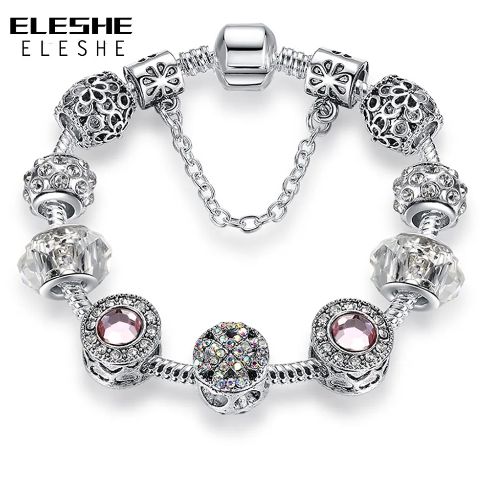 

ELESHE Tibetan 925 Silver Charm Bracelet with Four Leaf Clover Heart Crystal Beads Bracelet for Women Jewelry Christmas Gift