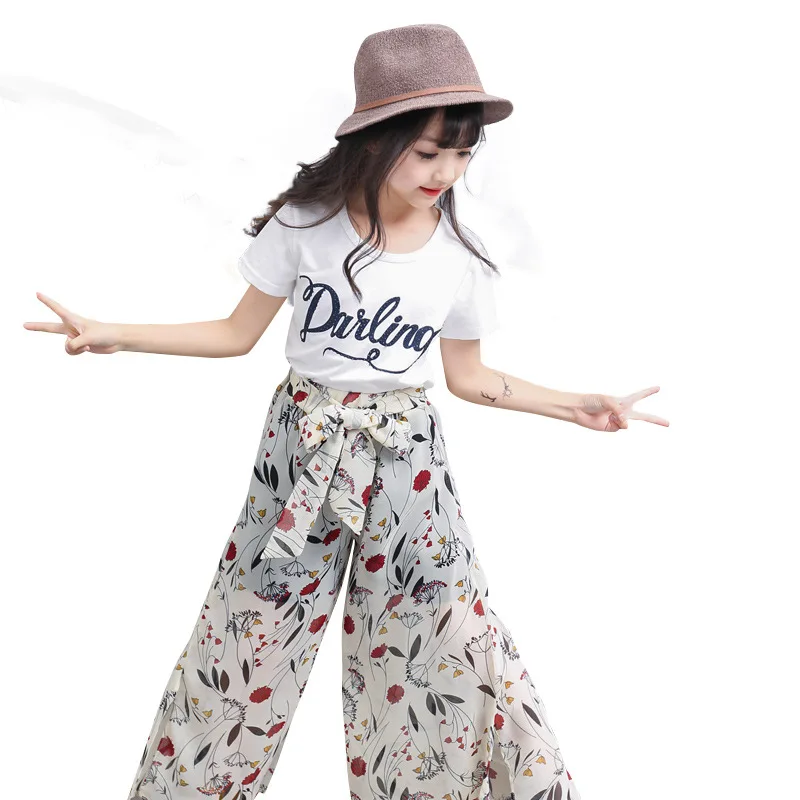 

2 Pcs Children Sets New Summer Casual Short Sleeve T Shirts Wide Pants Kids Girls Set Children Sets Clothing For Girls Suits