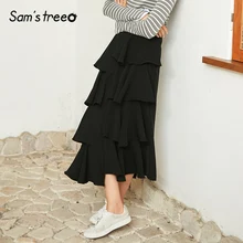 Samstree Осенняя Женская юбка с оборками черные женские свободные юбки с эластичной резинкой на талии Асимметричная до середины икры Harajuku Дамская нижняя часть