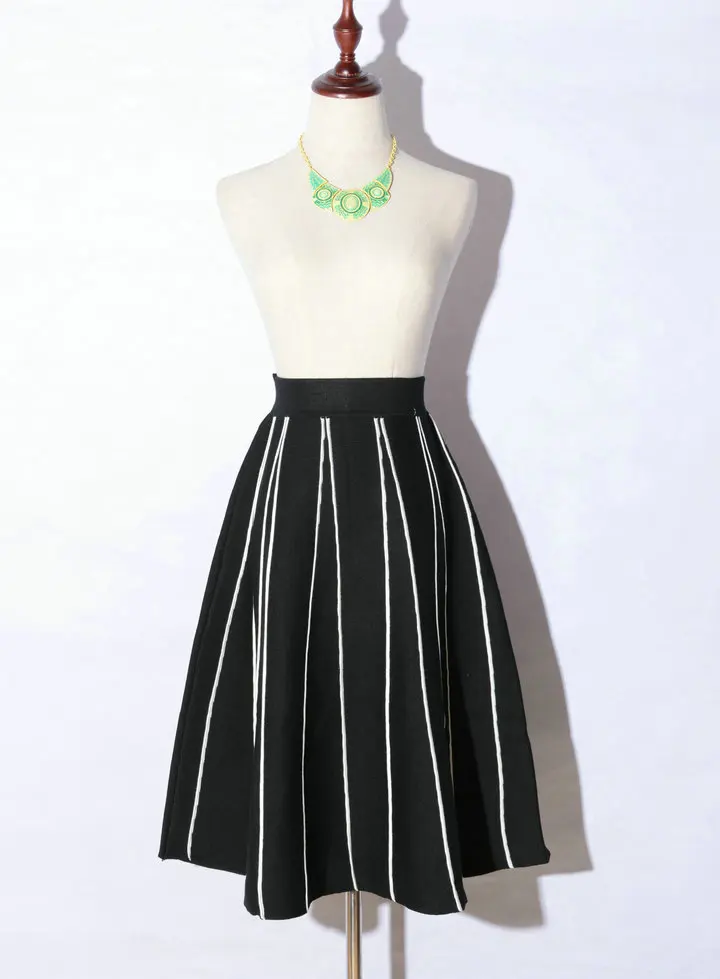 

Skirts Faldas Mujer Europe A-line And America Real 2019 New Style Women's Vertical Stripes High Waist Knitted Umbrella Skirt