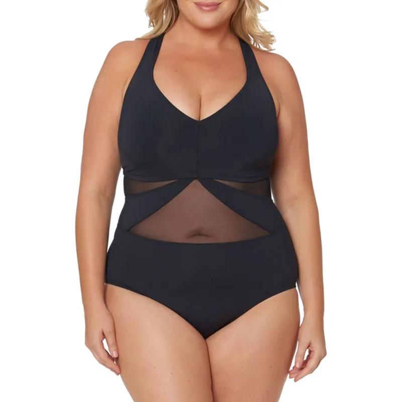 

Black Plus Size Beachwear Swimsuit Mesh swimwear Strappy 3XL Bathing Suit Push Up Vintage swimming suit for women conservative