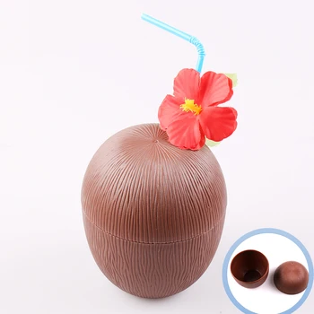 

Hawaiian Luau Plastic Coconut Cups Hibiscus Flower Bendable Straws Beach Theme Party Supplies