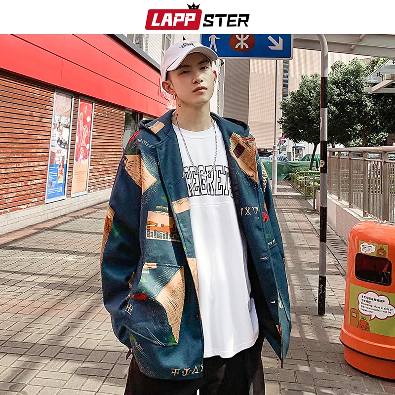 

LAPPSTER Men Newspaper Streetwear Bomber Jackets Coats 2019 Mens Hip Hop Windbreaker Jacket Harajuku Korean Fall Plus Size