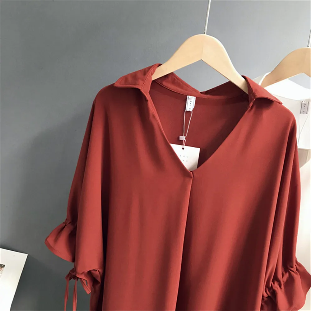 High quality Casual Chiffon V-neck Loose Shirt Office Wear 2018 White Women Blouse Shirt Half Batwing Sleeve Summer Elegant top (20)
