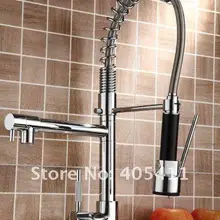 Вытащить кухонный кран Твердый Латунный Сгущает Хром Весенние смесители Два Изливы кухня смеситель высокое качество