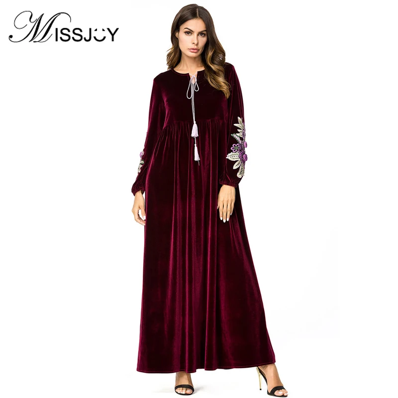 

MISSJOY 2018 Autumn Middle East dress hand-embroidered velvet long-sleeved abayas elegant turkish islamic Arabian casual dresses