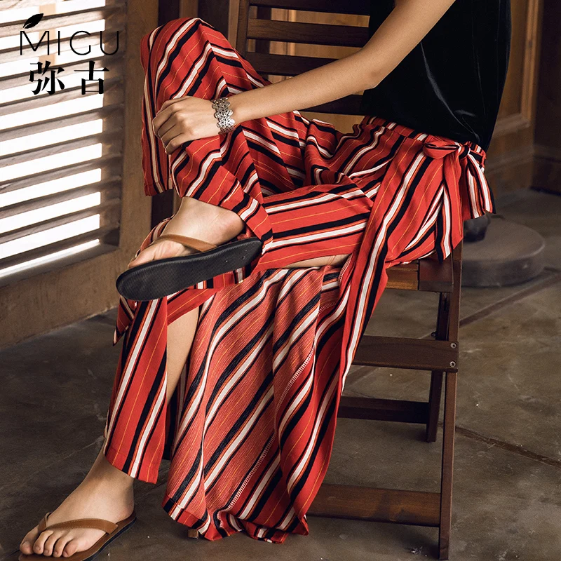 2017 stripe placketing wide leg pants red lacing high