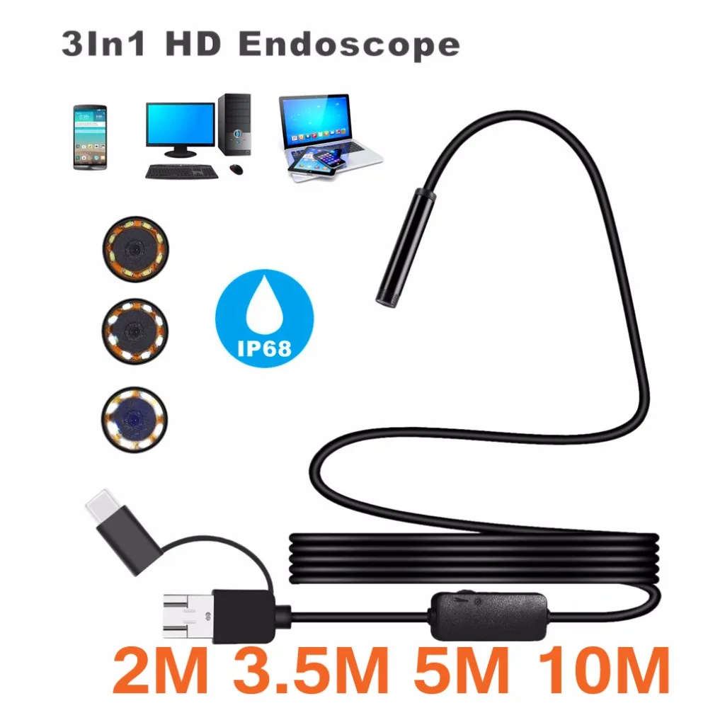 8 мм USB 3 в 1 эндоскоп Micro Type c 2/3.5/5/10 м 1200P HD бороскоп трубка Водонепроницаемая IP68