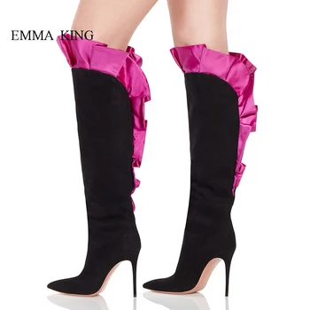 

Autumn Winter Unique Mixed Color Ruffles Suede Women Knee High Boots Sexy Pointy Toe Thin High Heels Botas Fashion Ladies Shoes