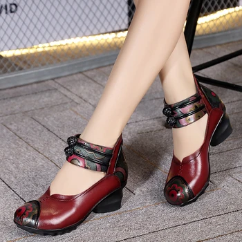 

Ethnic Style Genuine Leather Women Shoes With Thick Heels Mother Shoes Leather Shoes Soft Outsole Sandals