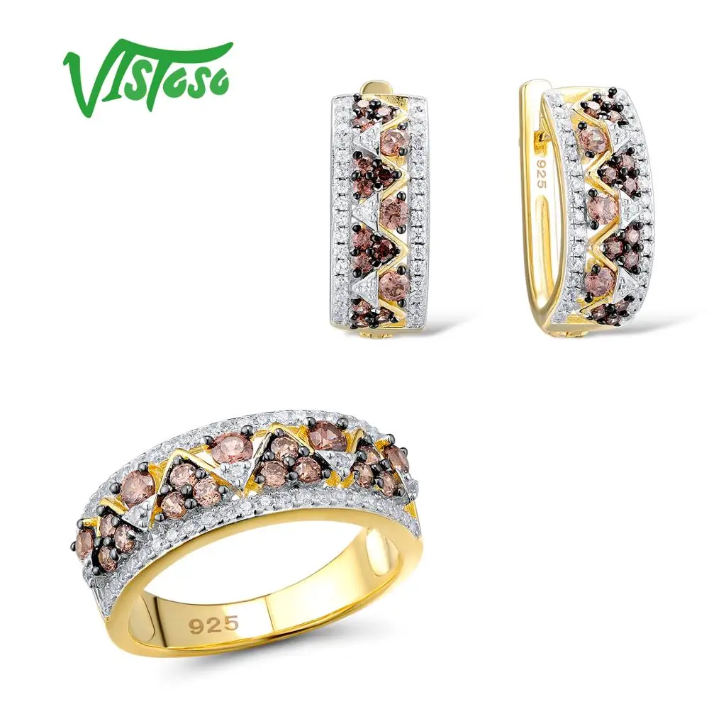 

VISTOSO Jewelry Sets For Woman Chocolate Cubic Zirconia Stones Jewelry Set Earrings Ring 925 Sterling Silver Fine Jewelry
