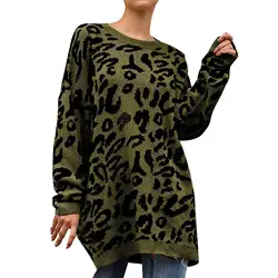 Свитер с круглым вырезом, женский зимний свитер с длинными рукавами, вязаный пуловер с леопардовым принтом, пуловеры, свободные Sueter Mujer 40JUL5