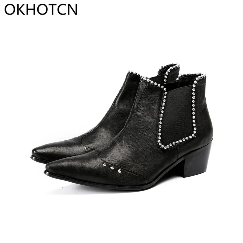 De Chelsea Okhotcn Toe Homens Designers Genuíno Pérola Marca Sapatas Studded Boots Da Dos Apontou Altos Saltos Couro Botas Ankle Artesanal HwRYrqH