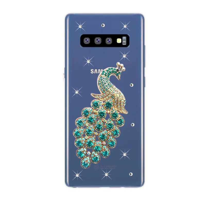 

Phone case bumper For Samsung Galaxy S10 Plus case peacock Rhinestone clear back cover bumper For Samsung S10 Galaxy S10e case